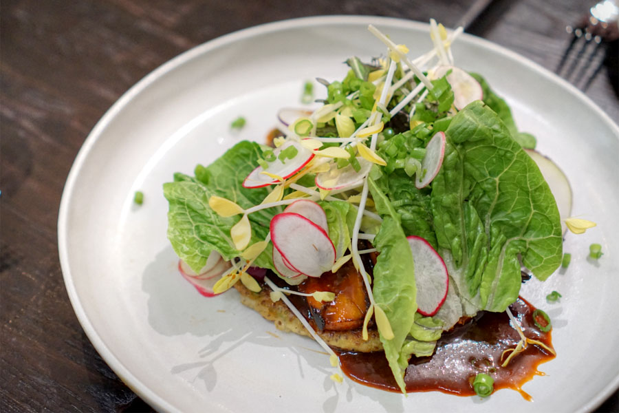 Shredded cabbage pancake with spicy eggplant, chili hoisin