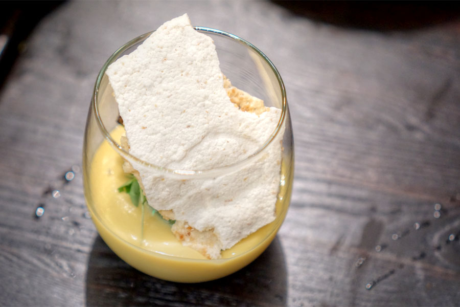 Black sesame cake with passionfruit custard, cilantro sorbet and coconut meringue