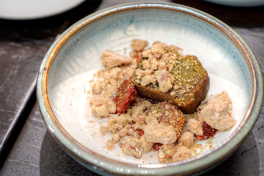 Fennel cake with rhubarb-balsamic jam, iced pecan milk and dried strawberries