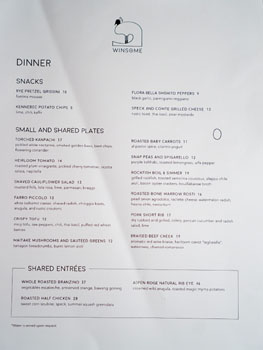 Winsome Dinner Menu