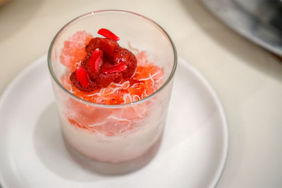 Faloodeh, Rosé Poached Strawberries, House Made Almond Milk