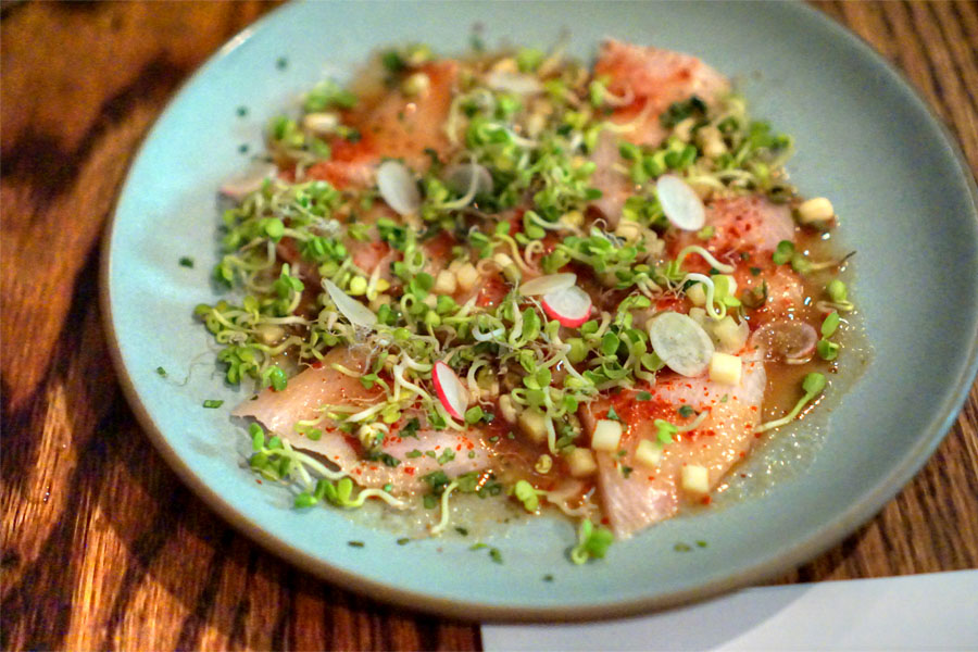 Hamachi, Galbi Vinaigrette, Pink Lady Apple, Radish Sprout