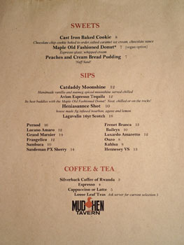 Mud Hen Tavern Dessert Menu