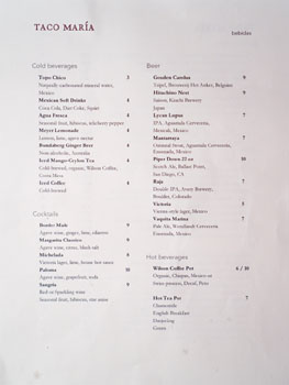 Taco Maria Beverage, Cocktail & Beer List