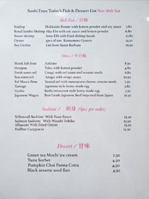 Sushi Enya Menu: Today's Fish (Shell Fish / Others / Sashimi) & Dessert List