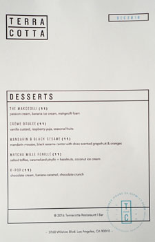 Terra Cotta Dessert Menu