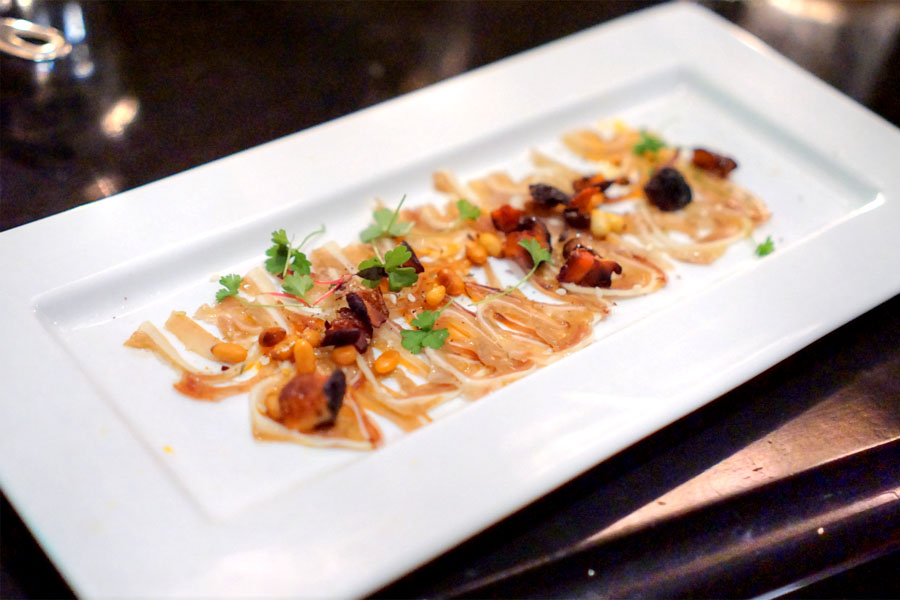 pig ear terrine, mushroom XO, cilantro & pine nuts