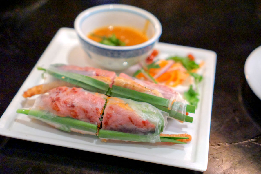 grilled pork spring roll 'nem nuong', red leaf lettuce, mint, carrot, cucumber, house sauce