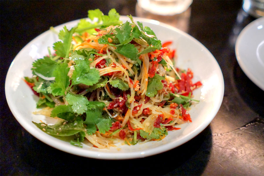 'goi du du' green papaya salad, viet beef jerky, peanuts, chili lime vin