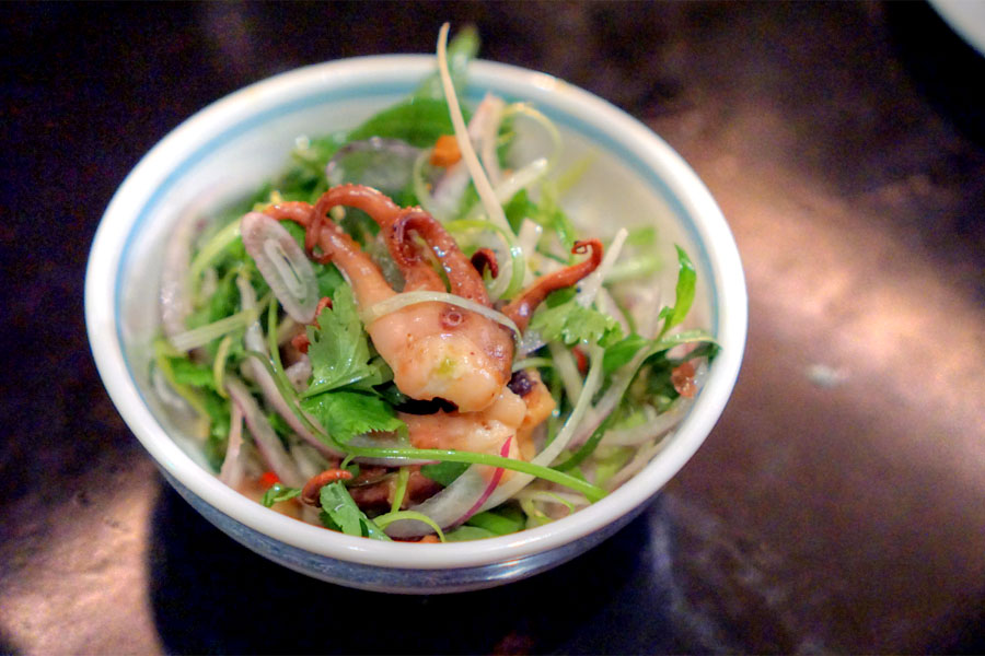 chili salted baby octopus, rau ram, basil, mint, onions, fried shallots, nuoc mam cham