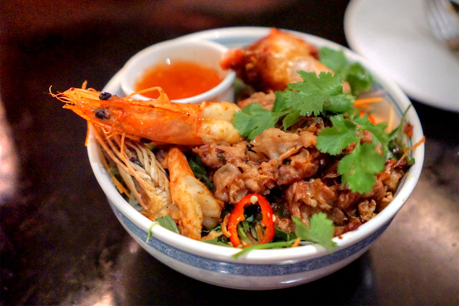 'bun tom thit nuong cha gio' charbroiled pork, shrimp & egg roll over vermicelli, condiments