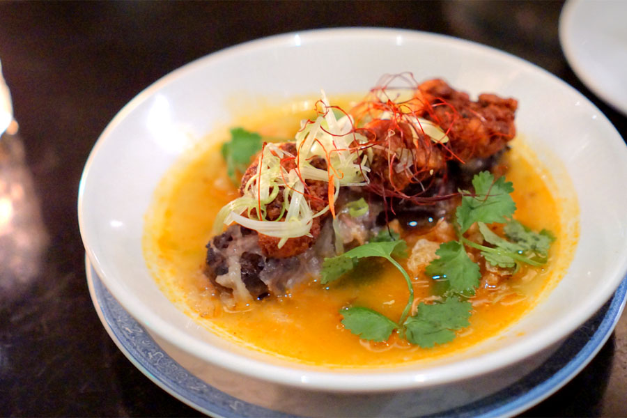 crispy sweetbreads, 'bun bo hue' flavors, shaved tendon and lardons