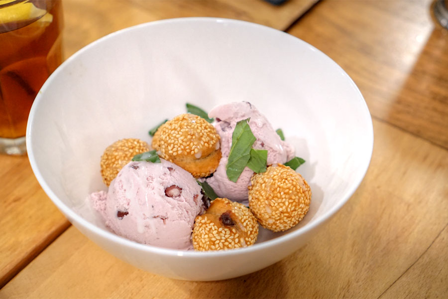 Red bean ice cream with sesame seed balls