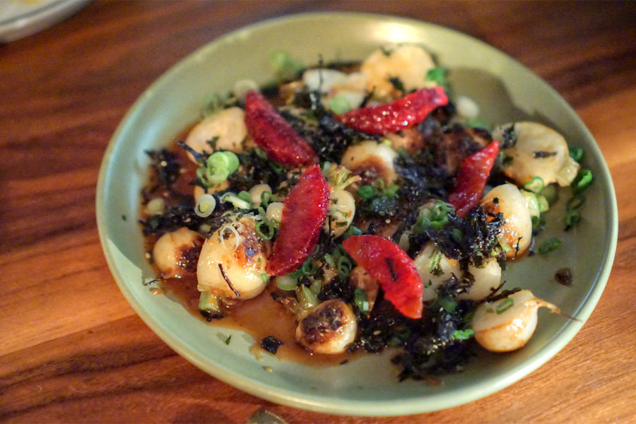 Glazed baby turnips, Japanese white turnips, daengjang, toasted seaweed, scallions, blood orange