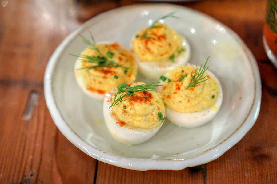 Deviled eggs, house pickled relish, dijon