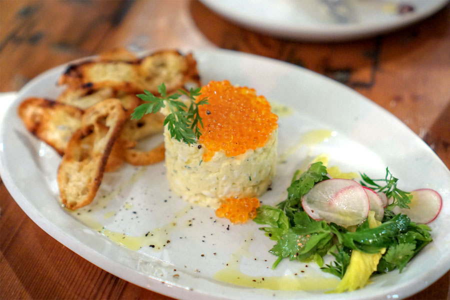 Garden egg salad, celery leaf, sourdough toast, trout roe