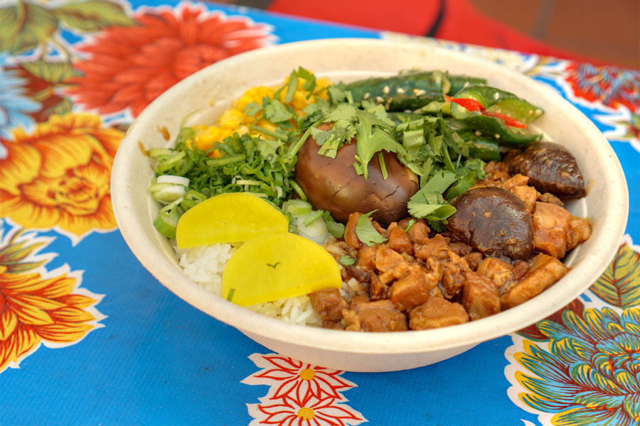 Rub A Belly (braised five-spice pork belly with shallot sauce seasoned rice)