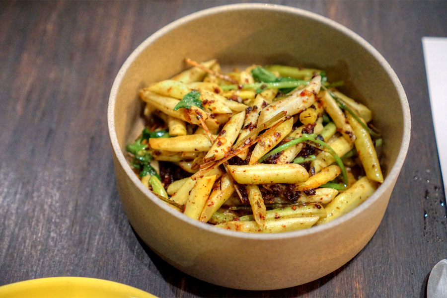 Yellow wax beans, grasshopper XO, leek scapes, cilantro