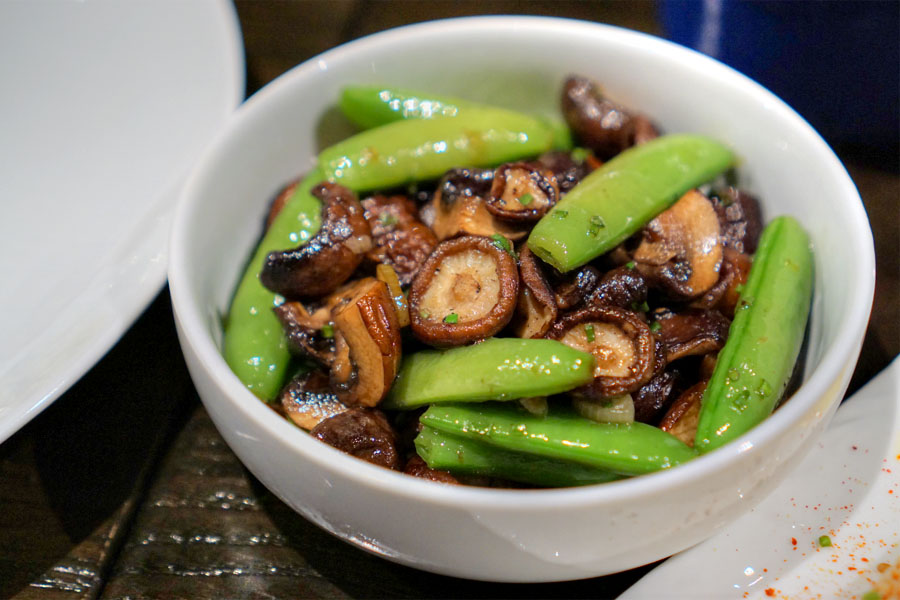 Mushrooms and Snap Peas Roasted in Green Garlic