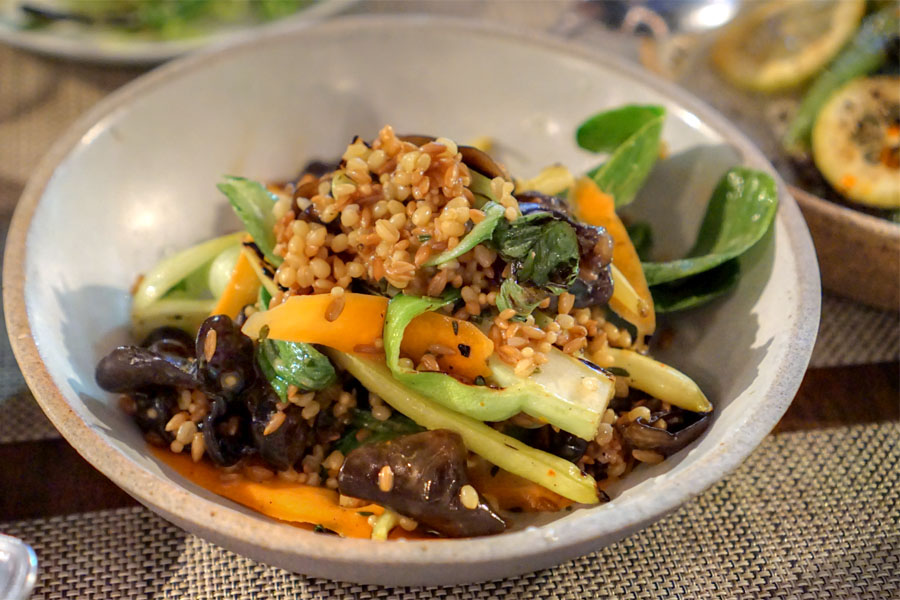 Bok choy with Tehachapi grain salad, chile oil and braised Wood Ear mushrooms