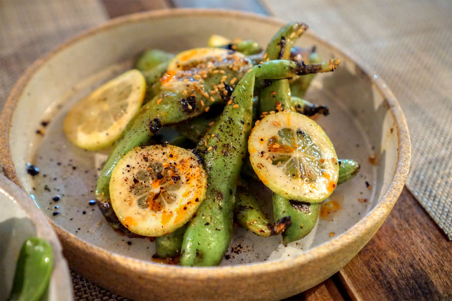 Grilled whole fava beans with sea salt and lemon