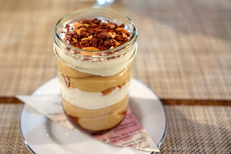 Roasted peanut pudding with sea salt, caramel and a chocolate pecan crumble