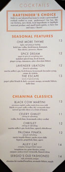 Chianina Steakhouse Cocktail List