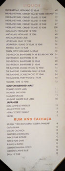 Chianina Steakhouse Liquor List: Whiskey, Rum and Cachaça