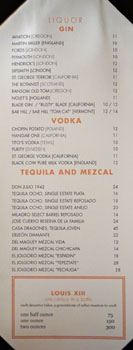 Chianina Steakhouse Liquor List: Gin, Vodka, Tequila and Mezcal