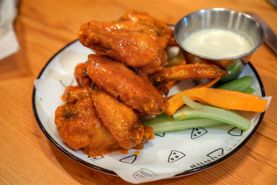 Chicken wings, Zach's Red Hot, gorgonzola dip