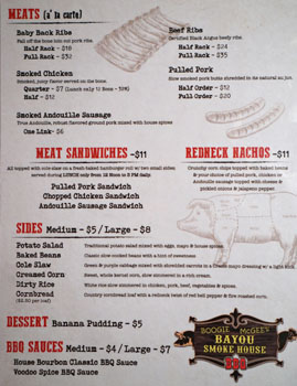 Boogie McGee's Bayou Smokehouse BBQ Menu