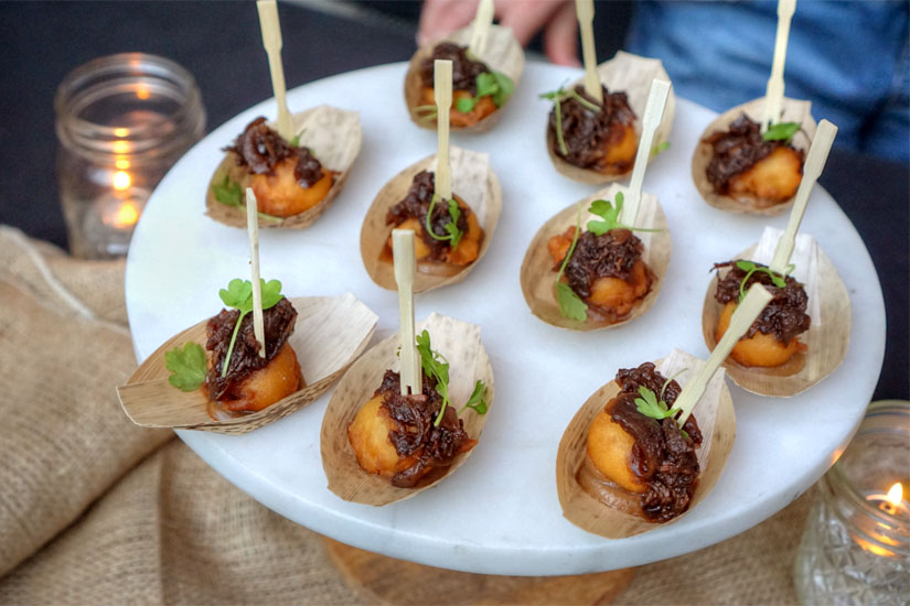 Salted Donut Drop with Black Garlic, Salsify Purée, and Oxtail Jam