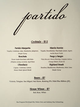 Partido Cocktail, Beer & Wine List