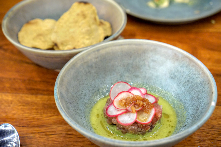 tuna tartar, jalapeño emulsion, radishes, chili oil, avocado