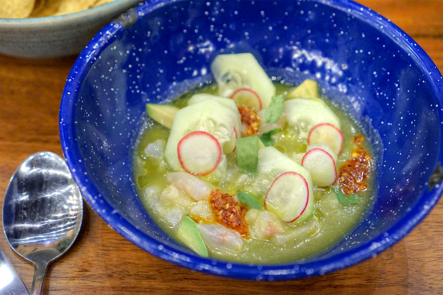 red snapper aguachile, cucumber, red onions, macha, avocado
