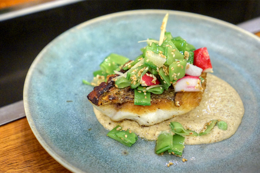 roasted red snapper, sesame emulsion, snap peas, radishes