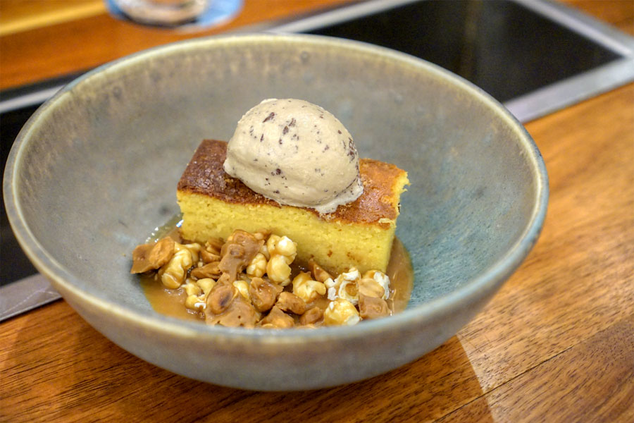 corn bread, cajeta, caramelized popcorn, mezcal ice cream