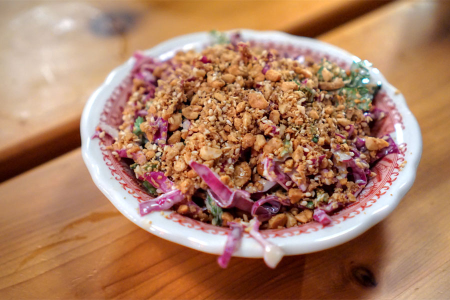 Red cabbage, chopped red cabbage, peanut, lime, herbs & dukkah