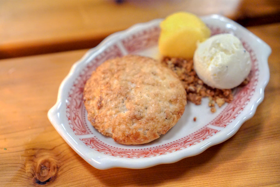 Date biscuit with buttermilk ice cream, orange sorbet & puffed bulgur
