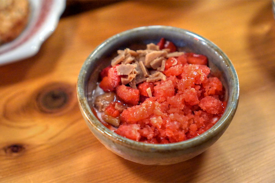 Almond milk custard with strawberry granita, rhubarb & rose geranium