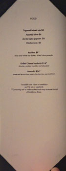 Columbia Room Spirits Library Food Menu