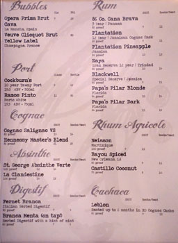 Chapter One Sparkling Wine List, After Dinner Drink List: Port/Cognac/Absinthe/Digestif, Spirits List: Rum/Rhum Agricole/Cachaça