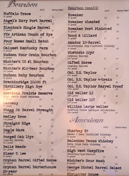 Chapter One Spirits List: Bourbon/American