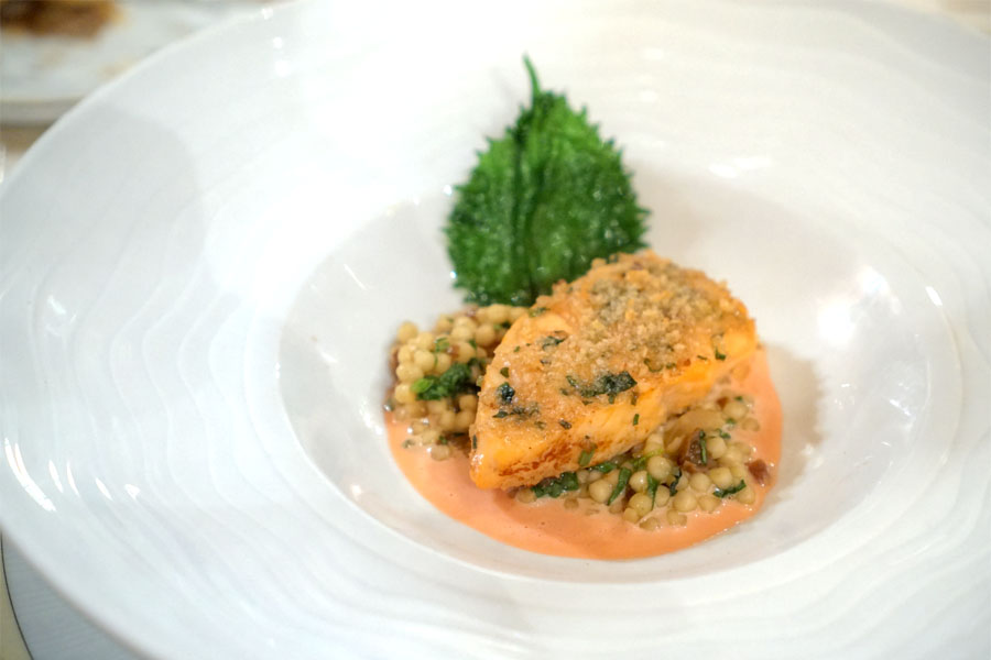 Herb Roasted Salmon, Israeli Couscous, Blood Orange Beurre Blanc