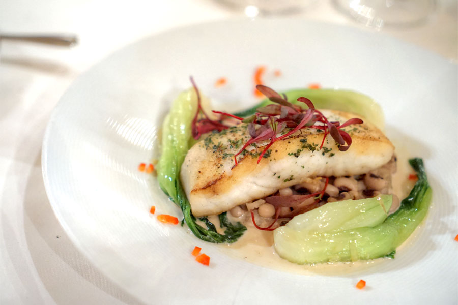 Fresh Pacific Halibut, Baby Bok Choy, New Year's Black Eyed Peas & Ginger Sauce