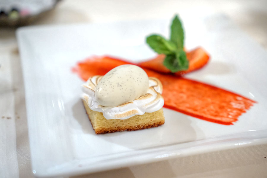 Almond Cake, House made Vanilla Bean Ice Cream, Fresh Strawberry