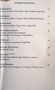 Kinship Cocktail List