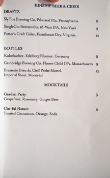 Kinship Beer, Cider & Mocktail List