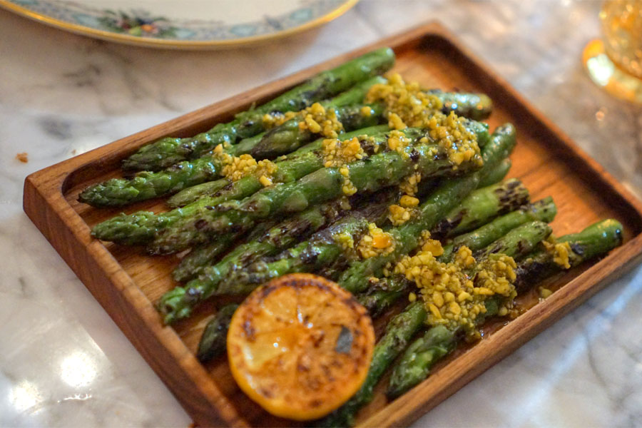 Grilled Asparagus. Pistachio Aillade