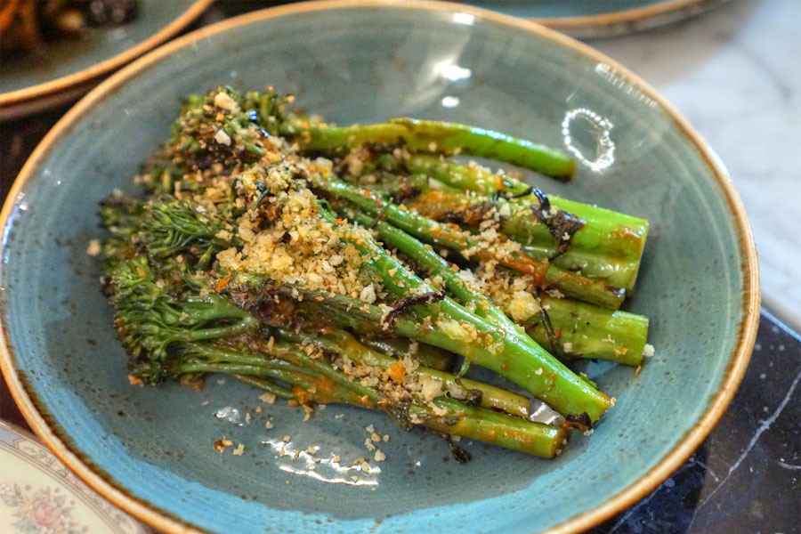 Broccolini. Chili Vinegar. Harissa. Bone Marrow Breadcrumbs